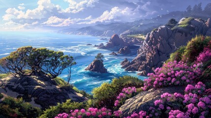 Scenic beauty of flowers rocks and ocean views