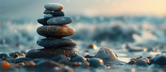Balanced rocks on a beach at sunset