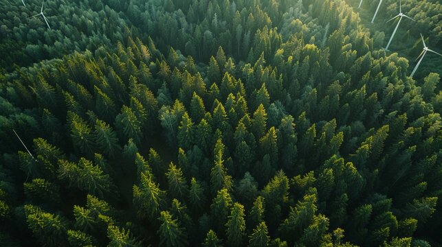 A bird's-eye view from a drone reveals a forest filled with giant windmills.
