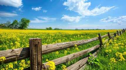 Wall Mural - Field of blooming rapeseed and scenic sky in sunny conditions wooden fence by the blooming rapeseed field