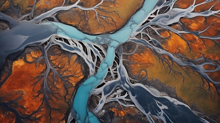 Aerial Photograph of a Glacial River Delta in Iceland with many meandering branches and veins.