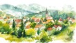 © abdul kahfi - stunning watercolor illustration The charm of small town houses surrounded by lush greenery and majestic mountains