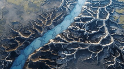 Aerial Photograph of a Glacial River Delta in Iceland with many meandering branches and veins.