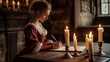 © XaMaps - A woman wearing 18th-century attire writing with a quill pen at a vintage wooden desk surrounded by candles.
