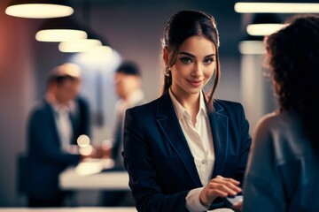 Poster - A woman in a business suit smiling at another person, AI