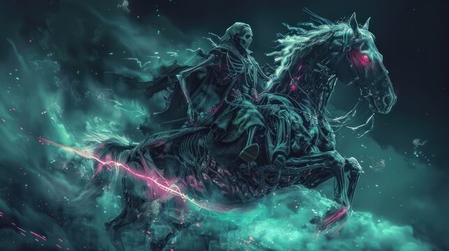 a stunning view of a skeleton wizard riding a cyberpunk horse in the dark of night.