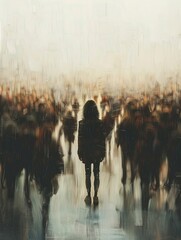 Fototapete - A person stands alone in a crowd, their figure in focus while the surrounding people are blurred, highlighting their isolation. Generative AI