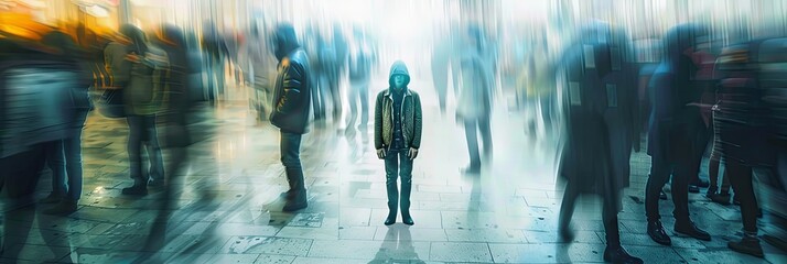Fototapete - A lone individual stands amidst a bustling crowd, their form sharp and in focus, while the surrounding people are blurred, emphasizing their isolation. Generative AI