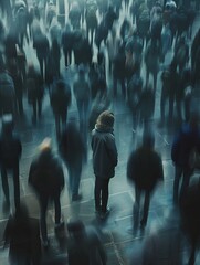 Fototapete - A single person stands in a bustling crowd, seemingly disconnected and alone. The background is blurred, highlighting their isolation. Generative AI