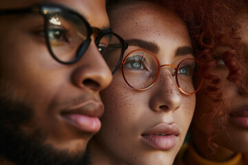 Three young adults with glasses, two looking forward and one looking off camera