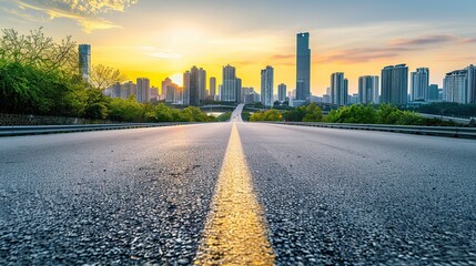 Sticker - Urban Skyline at Sunset with Empty Road Leading to the City