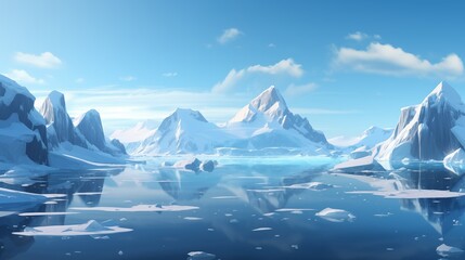 Arctic landscape with floating icebergs and mountain peaks.