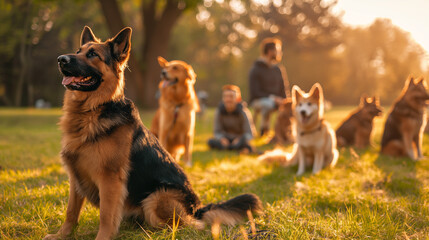 Wall Mural - A group of dogs with a  trainer in the park  at sunshine 