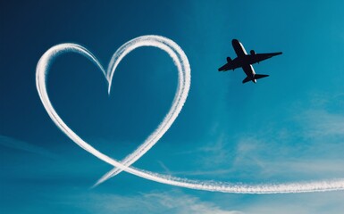 Heart shaped plane trail lines cloud with a plane flying in the blue sky.