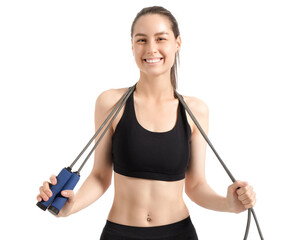 Poster - Sporty young woman with skipping rope on white background