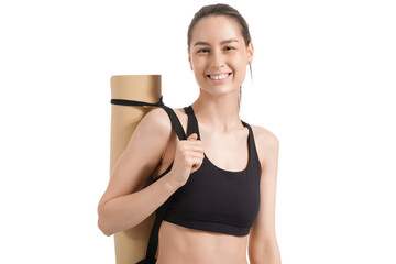 Poster - Sporty young woman with fitness mat on white background