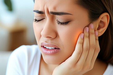  woman pressing her cheek with grimace of acute pain highlighted by red spot, suggesting severe toothache or jaw discomfort