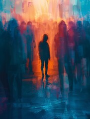 Poster - A single person stands alone in a crowded room, their figure silhouetted against a blurred background of brightly lit figures. Generative AI