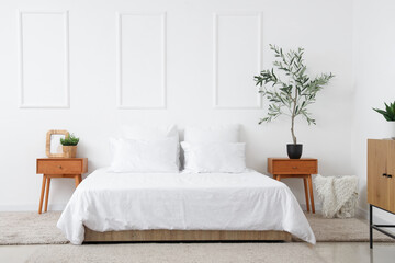 Interior of stylish bedroom with cozy bed, chest of drawers and olive tree on bedside table