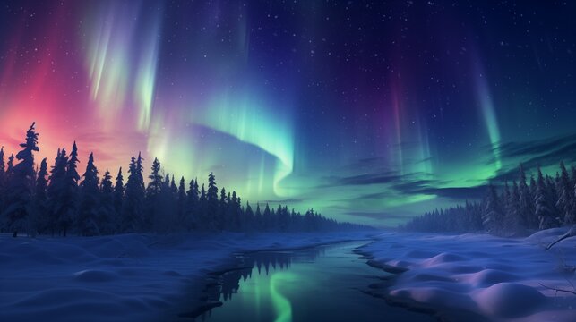 Awe inspiring Aurora Borealis over a snowy landscape.