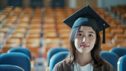 Graduation portrait of Asian female student in cap and gown in empty lecture hall, celebrating academic achievement.