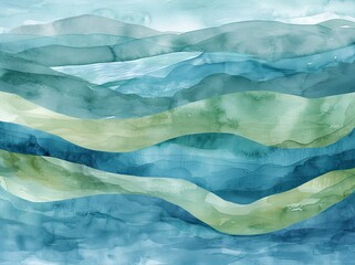 Wall Mural - Flowing blue landscape nature colour background on sheets of paper with mountains, forests, water seas and clouds watercolor painting art texture illustration design pattern.