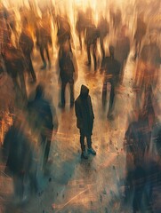 Fototapete - A single person stands alone in a bustling crowd, their figure in sharp focus while the surrounding people are blurred, emphasizing their isolation. Generative AI