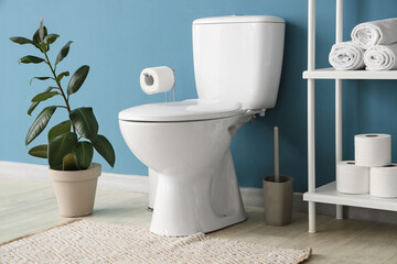 Wall Mural - Interior of restroom with toilet bowl, shelving unit and plants near blue wall