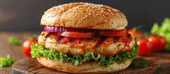 Wall Mural - Grilled chicken burger with tomato and red onion