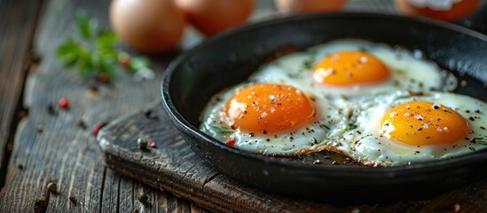 Wall Mural - Three sunny-side up eggs sizzling in a cast iron pan