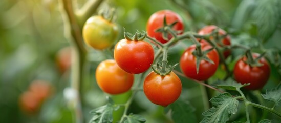 Wall Mural - Ripe tomatoes growing on a vine in sunlight