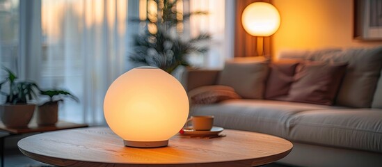 Wall Mural - White spherical lamp on wooden table in living room