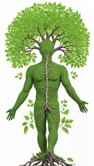 Human development and growth of personality and character in development as a medical icon of health as a tree with branches and green leaves in the shape of a persons anatomical body on white.s
