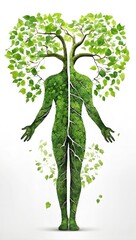 Human development and growth of personality and character in development as a medical icon of health as a tree with branches and green leaves in the shape of a persons anatomical body on white.s
