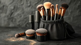 Makeup brushes and tools on a bag, make-up products set
