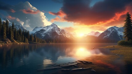 Wall Mural - Calm mountain lake reflecting the sunset in the mountains.