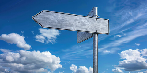 Wall Mural - Metallic empty blank crossroad signpost mockup against blue sky and clouds