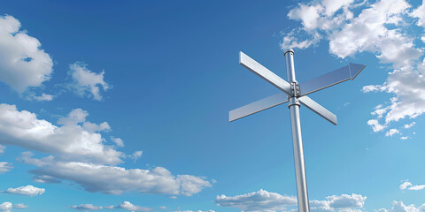 Wall Mural - Metallic empty blank crossroad signpost mockup against blue sky and clouds