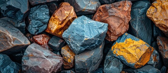 Wall Mural - Close up of a blue and yellow rock in a pile of rocks