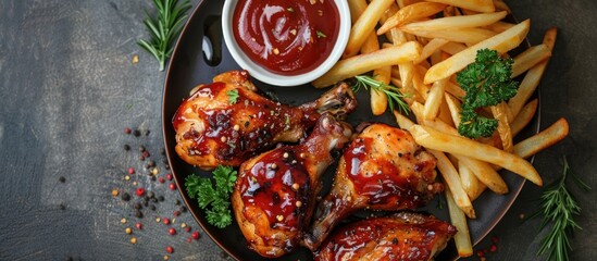 Wall Mural - Glazed chicken and french fries on a plate
