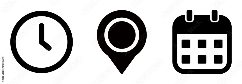 Time, address and date icon vector in flat style. Clock, pin map ...