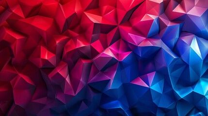 Vibrant polygonal abstract background with red and blue gradient hues, featuring geometric shapes and faceted textures.