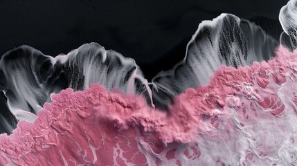 abstract fluid waves with pink and white foamy textures on a black background