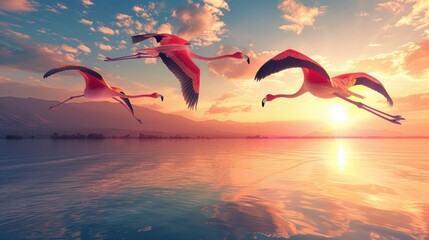 Wall Mural - Beautiful view of pink flamingos flying over lake water. AI generated image