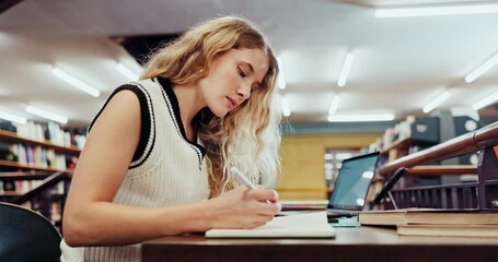Poster - University student, girl and writing on book in library for studying, academic research and information. College learner, notebook and pen for assignment, education or thesis report with laptop