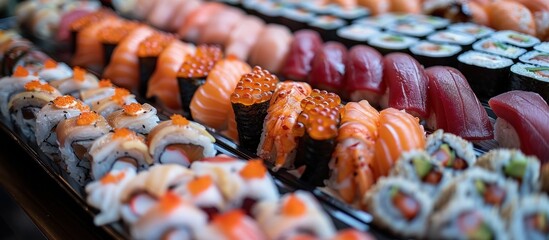Wall Mural - A table filled with sushi rolls and nigiri