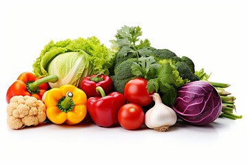 Wall Mural - An assortment of fresh, colorful vegetables on a white background including bell peppers, cabbage, broccoli, tomatoes, garlic, and cauliflower.