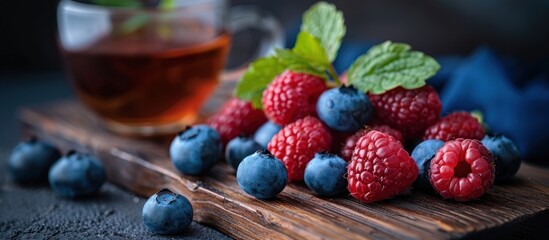 Wall Mural - Fresh blueberries and raspberries on wooden cutting board