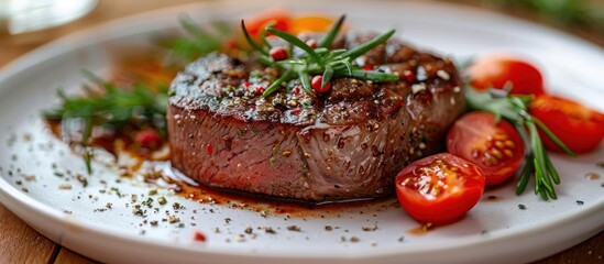 Wall Mural - Close-up of a grilled steak with tomatoes and rosemary