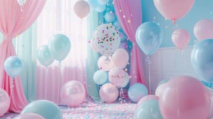 Wall Mural - Birthday party decoration with balloons, room filled with pastel color balloons.